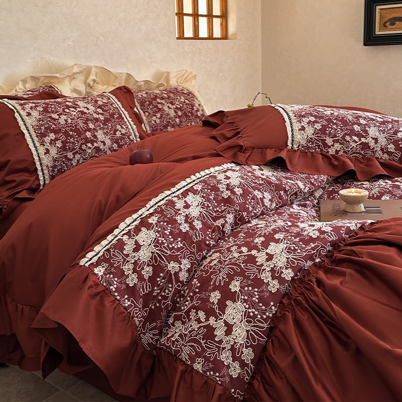 法式浪漫婚礼床上用品100支长绒棉刺绣花红色婚庆被套床单四件套