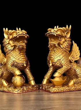 铜麒麟摆b件一对黄铜踩祥云麒麟火麒麟公母办公室家居客厅摆件