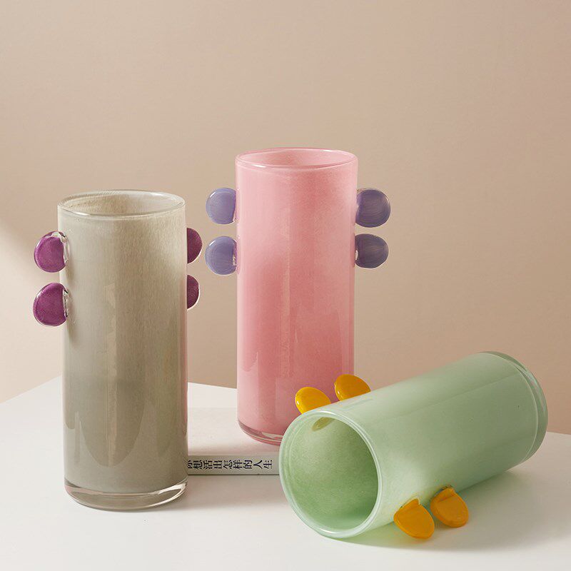 双拼色琉璃直筒花瓶法式奶油风粉色F中古客厅餐桌玉质摆件水养插