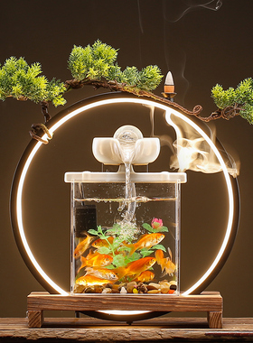 简约小型鱼缸流水生财摆件水晶z球时来运转招财办公室桌面乔迁礼