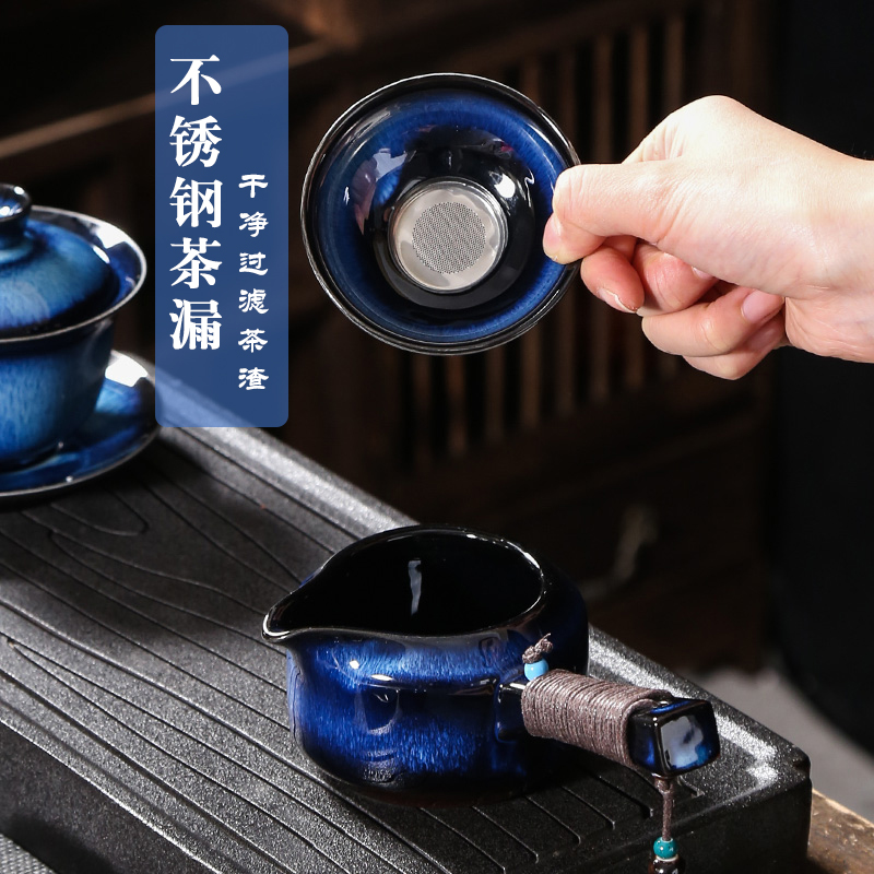 侧把公道杯茶漏一体套装分茶器陶A瓷功夫茶具纯手工手柄大容量公