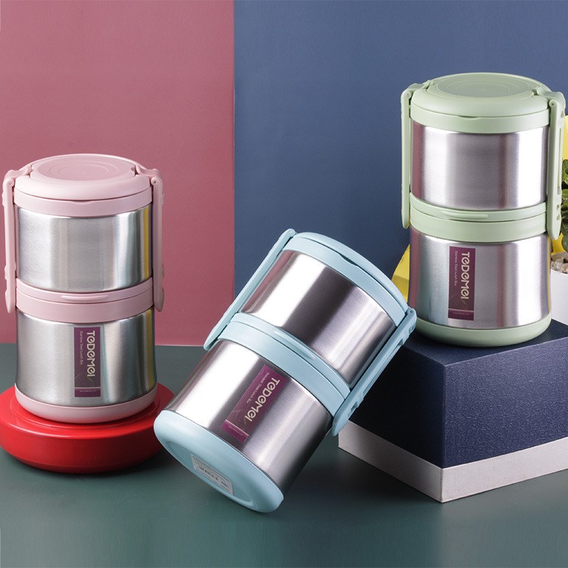 特得美双层304不锈钢q真空饭盒 密封便携配汤匙便当盒学生保温提