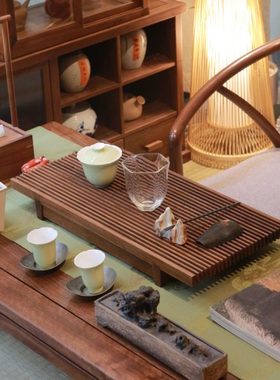 新中式储水式茶盘瓷器托盘实木禅意黑胡桃木榻榻米日式飘窗茶家具