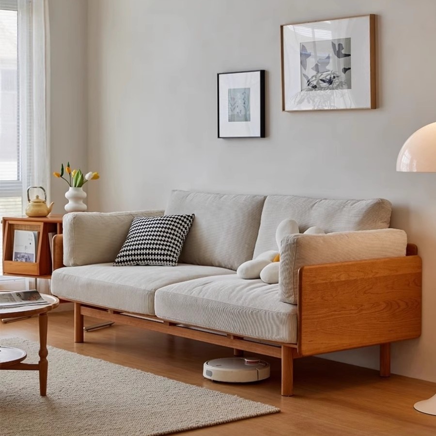 北欧樱桃木南山沙发客厅现代简约小户型三人布艺单人实木沙发