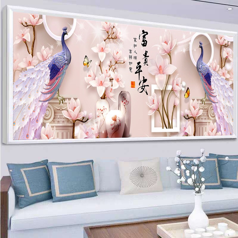 花开富贵平安钻石画满钻孔雀2024粘贴钻十字绣新款客厅花瓶砖石秀