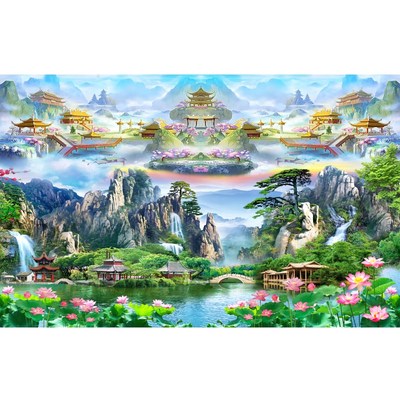 仙道佛天庭天宫仙境壁纸佛堂供桌背景墙装饰壁画 画流水聚财古亭