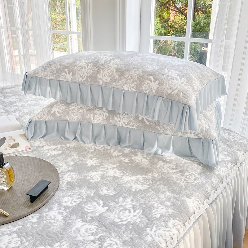 高端玫瑰提花冰丝凉席三件套床裙款夏季可机水洗公主风空调软席子