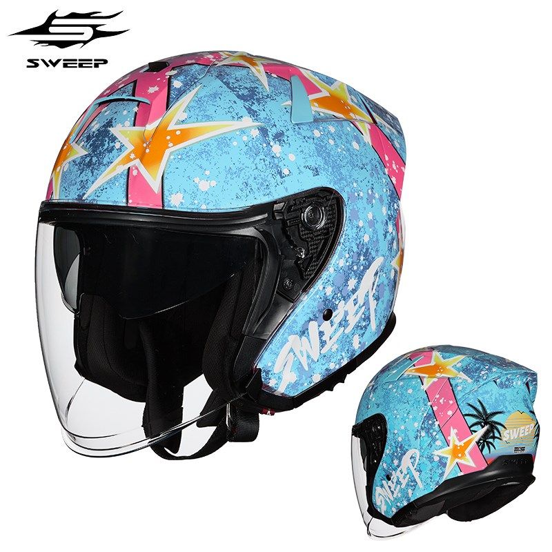 SWEEP摩托g车头盔男碳纤维半盔女个性双镜片四分之三盔男四季通用