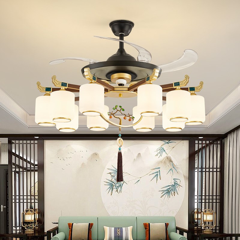 新中式客厅隐形风扇吊灯别墅卧室餐厅一体吊扇灯家用大气新款吊灯