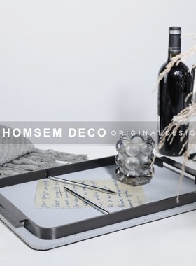 现代极简金属手柄方形纹理收纳托盘家居I摆件样板间客厅售楼处摆