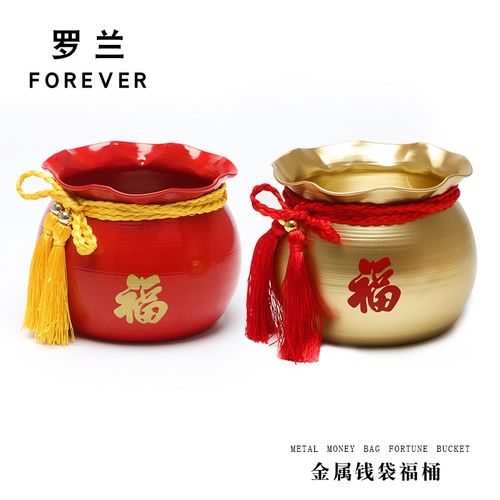 2024a金属钱袋福桶 聚宝盆年宵插花盆 铁质花艺福袋抱抱桶装饰材
