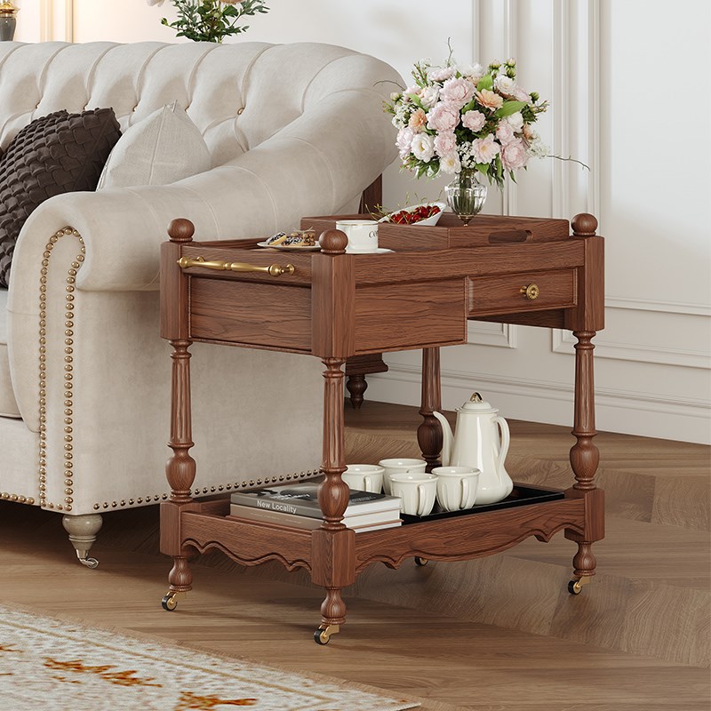 复古可移动边几实木小茶几茶桌置物架小推车客厅家用X沙发侧边桌