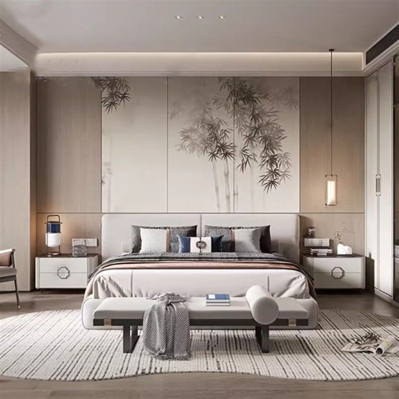 中式硬包背景墙j茶室禅意竹林刺绣墙布卧室床头多层板硬包电视背