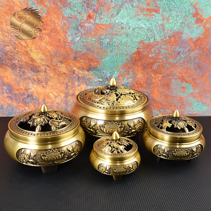 宏达  全黄铜大号莲花并蒂三足炉带盖供奉熏香炉铜器香炉摆件