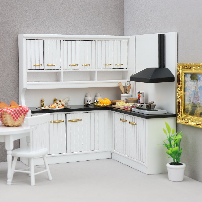 1：12dollhouse娃娃屋厨房场景模型白色欧式厨房两件套