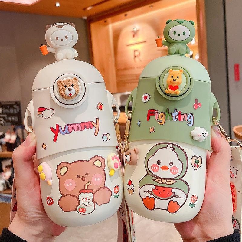 熊丫公仔保温杯16不3锈钢622童吸管背带丫高颜值可爱玩儿偶公仔水