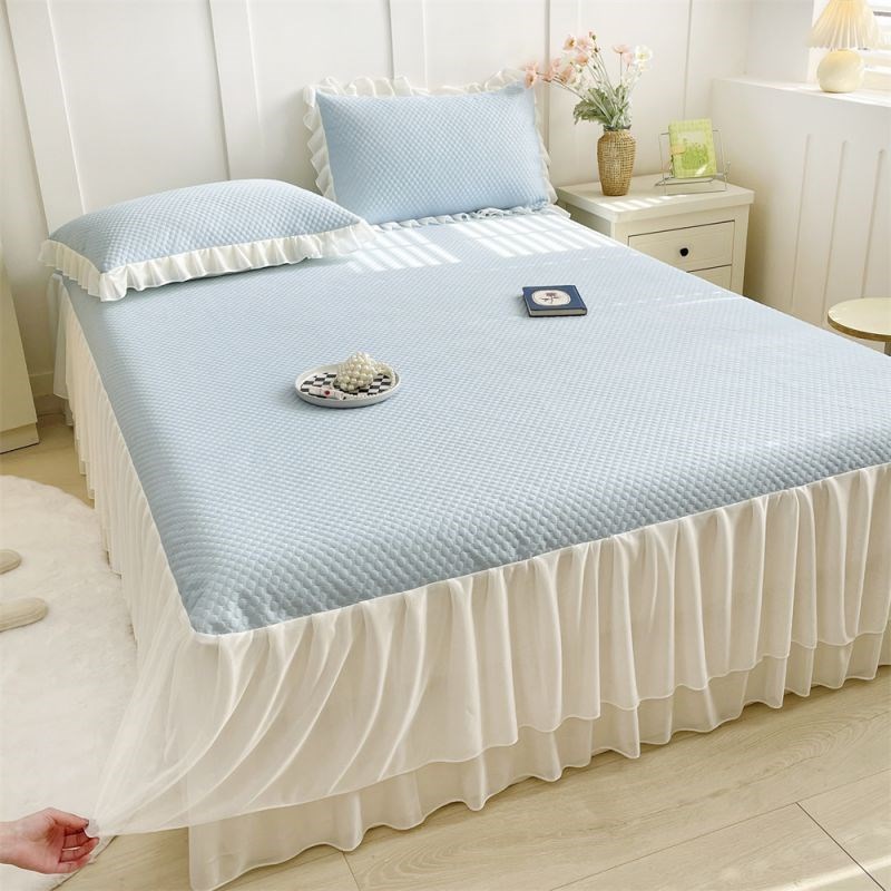 夏季冰丝豆豆凉席床裙款三件套可机水洗夏凉垫空调席花边公主床罩