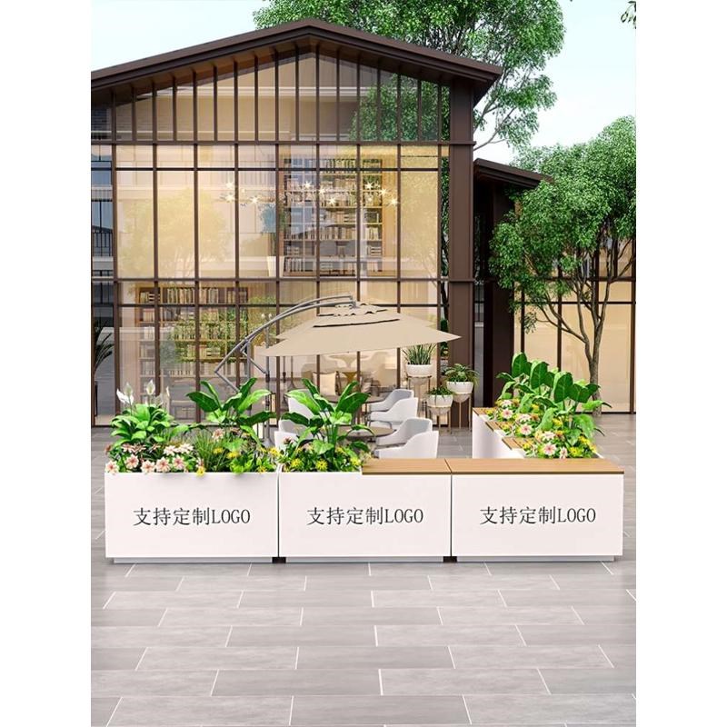 塑木花箱户外不锈钢坐凳组合铁艺花盆庭院外摆花坛塑木Y座椅移动