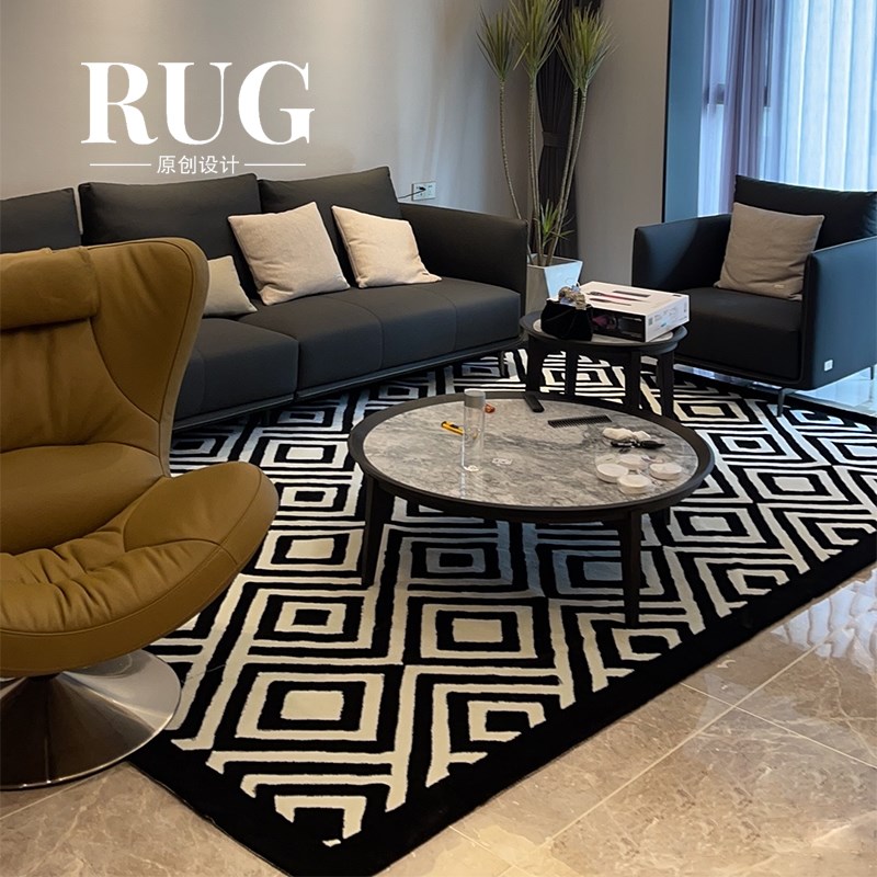 现代风地毯客厅2024p新款轻奢高级感沙发茶几黑白格子免洗卧室地