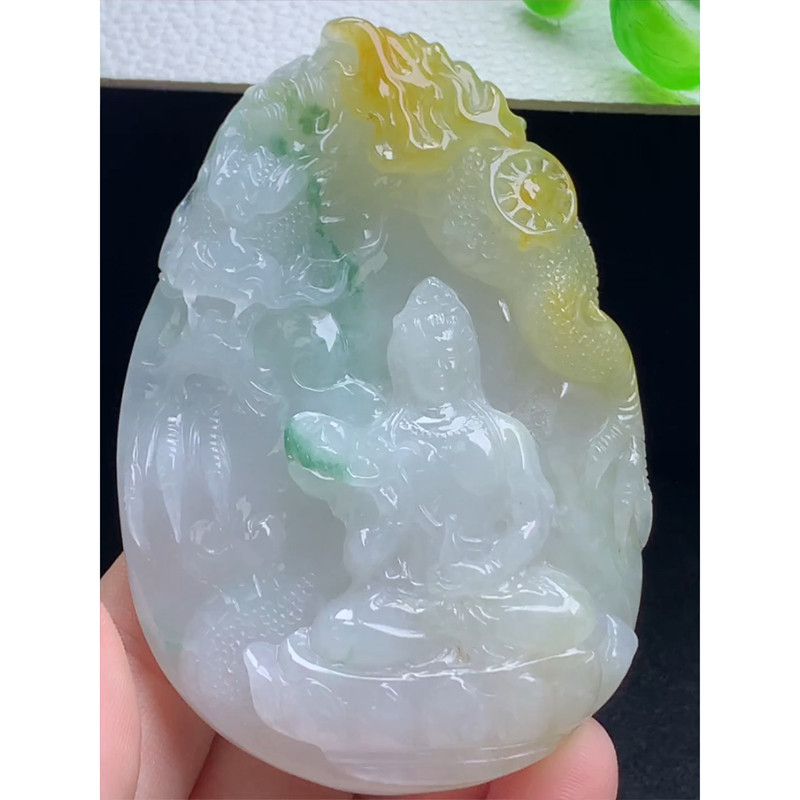 缅甸天然A货玉石翡翠老坑冰种手工精雕飘黄翡大势至菩萨牌吊坠