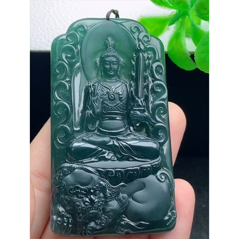 缅甸天然A货玉石翡翠 老坑冰种 手工精雕 墨绿文殊菩萨吊坠