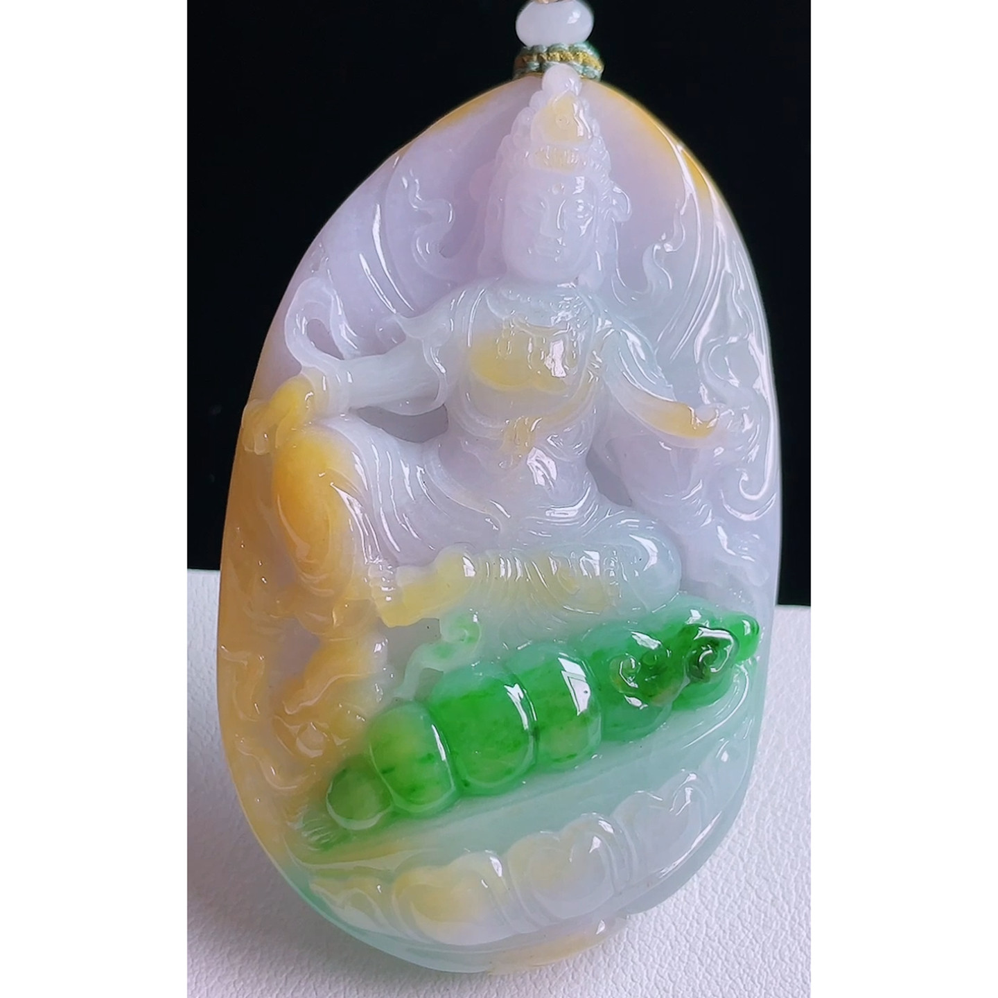 缅甸天然A货玉石翡翠 老坑冰种手工精雕黄加绿观音吊坠