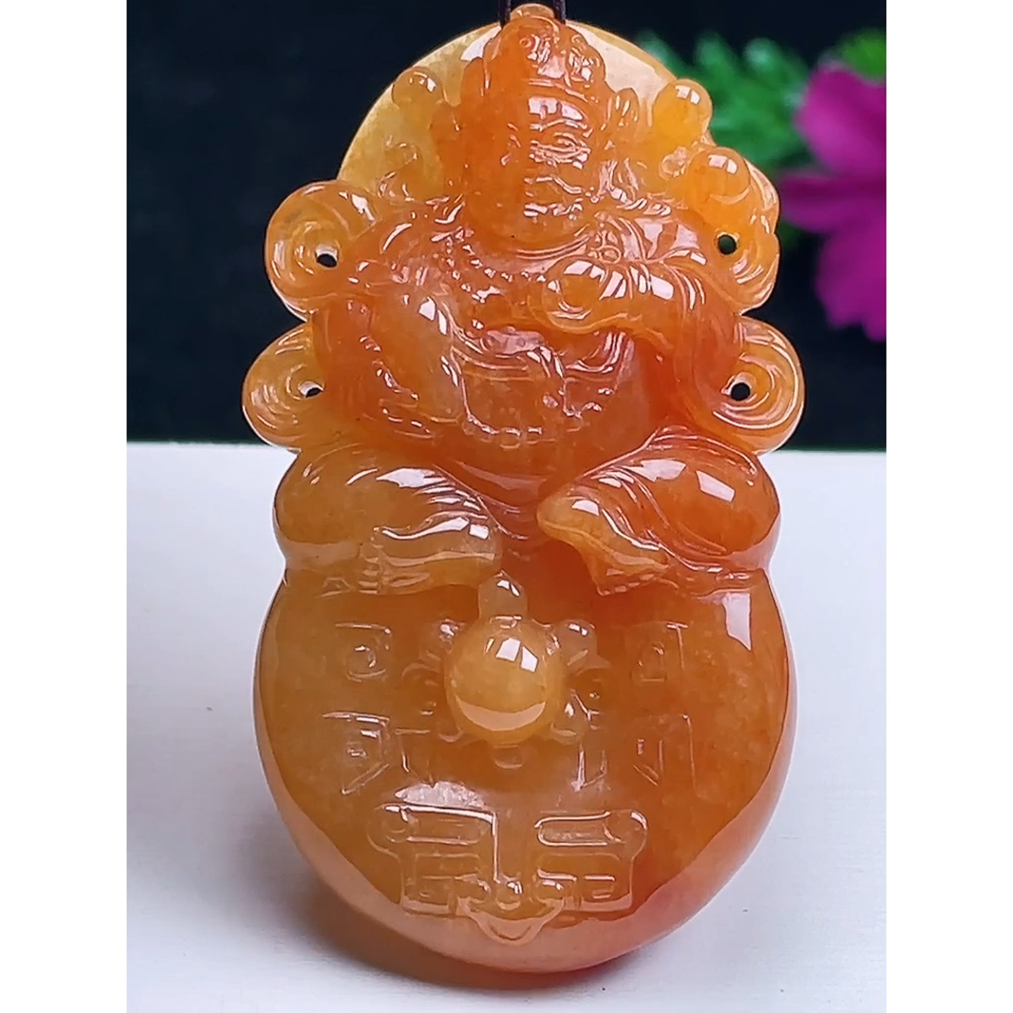 缅甸天然A货玉石翡翠 老坑冰种手工精雕红翡不动明王吊坠