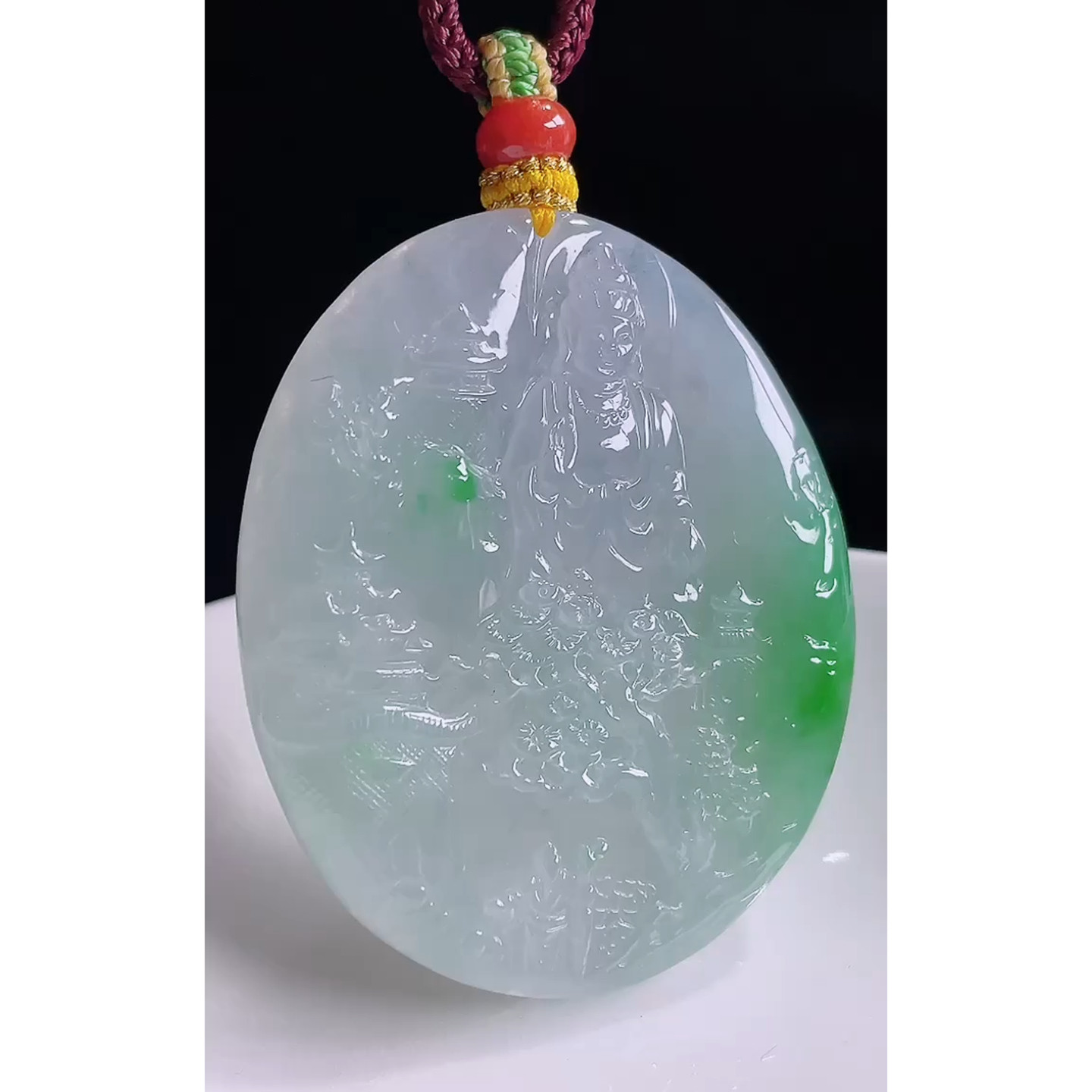 缅甸天然A货玉石翡翠 老坑冰种手工精雕阳绿山水观音吊坠