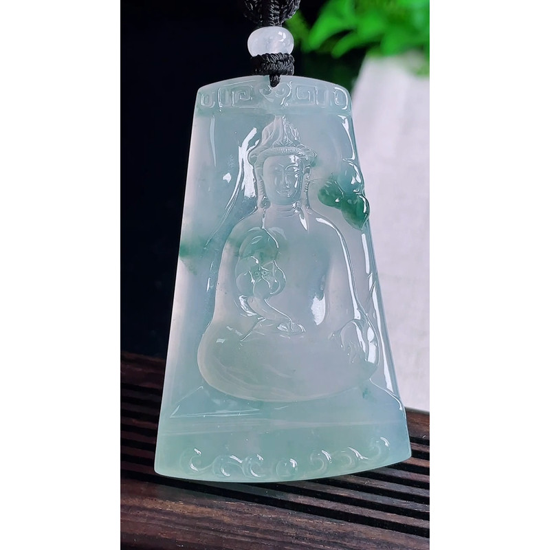 缅甸天然A货玉石翡翠 老坑冰种手工精雕飘花大势至菩萨吊坠