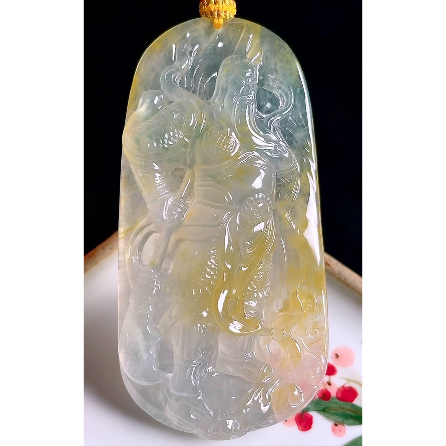 缅甸天然A货玉石翡翠 老坑冰种手工精雕黄翡大关公吊坠