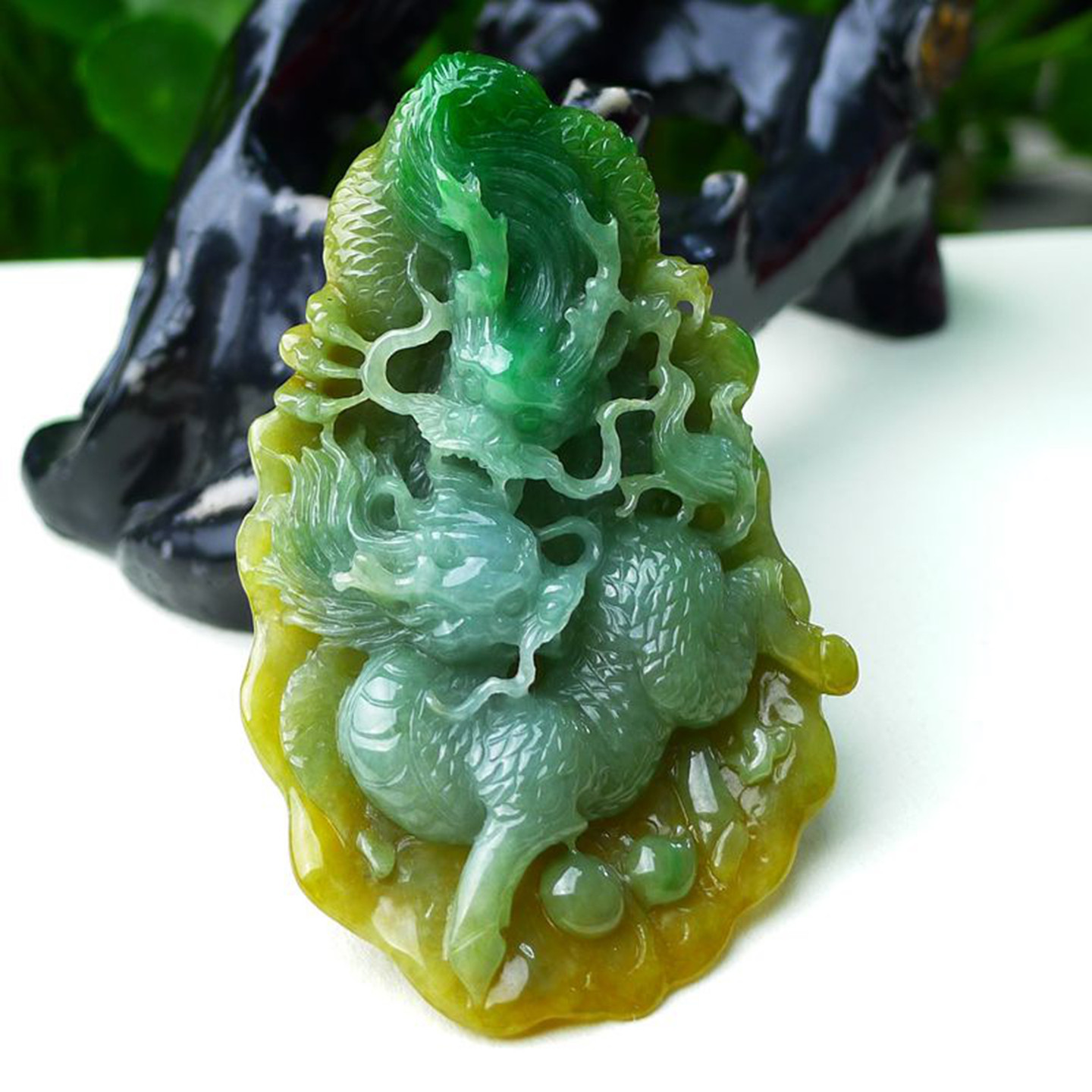 缅甸天然A货玉石翡翠 老坑冰种手工精雕双彩黄加绿瑞兽麒麟吊坠