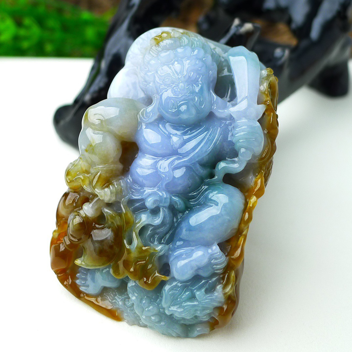 缅甸天然A货玉石翡翠 老坑冰种手工精雕双彩不动明王吊坠吊坠
