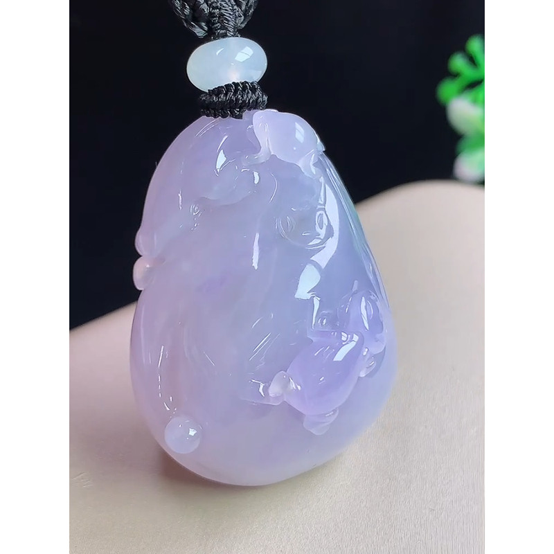 缅甸天然A货玉石翡翠 老坑冰种 手工精雕 冰紫钱袋吊坠
