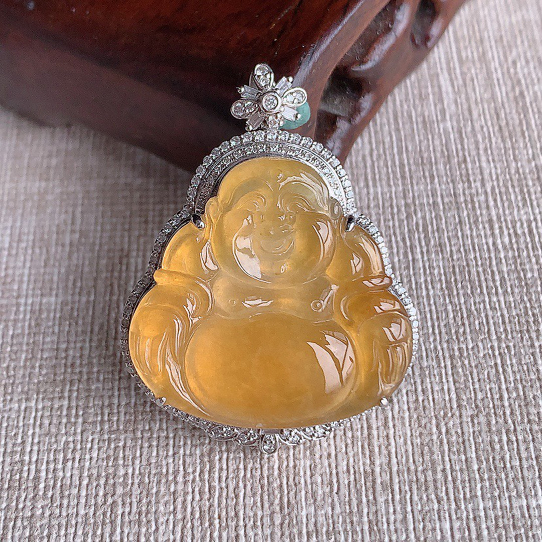 缅甸天然A货玉石翡翠 老坑冰种 手工精雕 18K金伴钻黄翡佛公吊坠