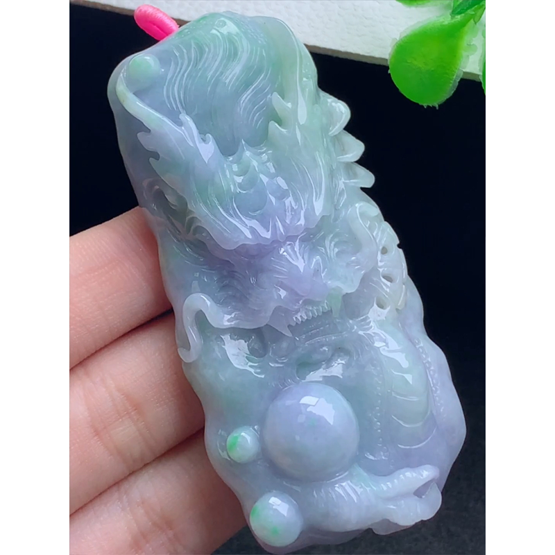 缅甸天然A货玉石翡翠 老坑冰种 手工精雕 紫罗蓝龙牌吊坠