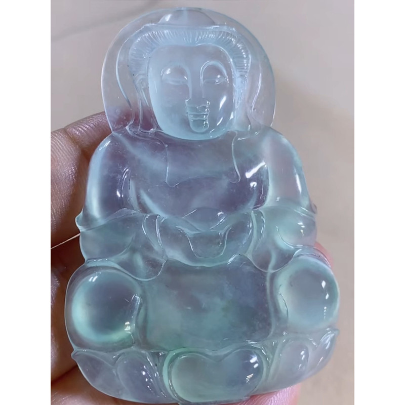 缅甸天然A货玉石翡翠 老坑冰种手工精雕晴蓝底观音吊坠