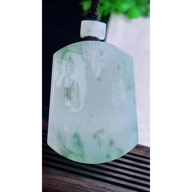 缅甸天然A货玉石翡翠 老坑精雕冰种 手工雕刻飘花仿古无事牌 吊坠