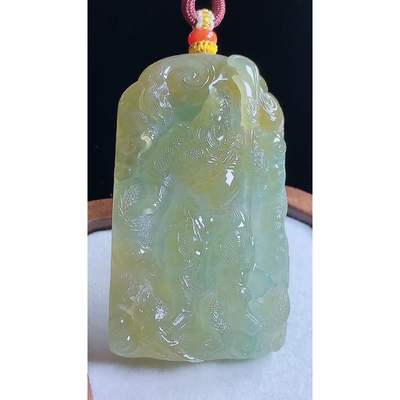 缅甸天然A货玉石翡翠 老坑冰种 手工精雕 黄翡关公吊坠