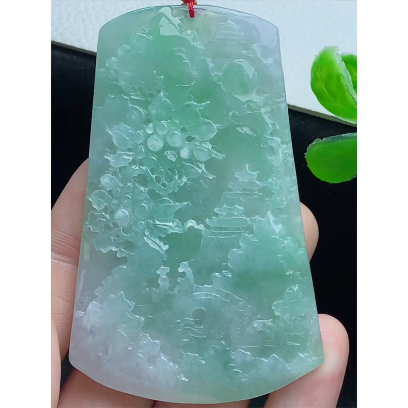 缅甸天然A货玉石翡翠 老坑冰种 手工精雕浅绿山水牌吊坠