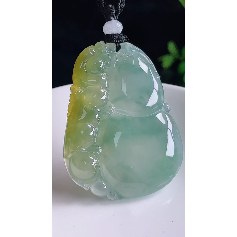 缅甸天然A货玉石翡翠 老坑精雕冰种 手工雕刻 黄翡飘花葫芦吊坠