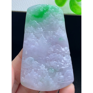 缅甸天然A货玉石翡翠 春彩山水牌吊坠 老坑冰种 手工精雕
