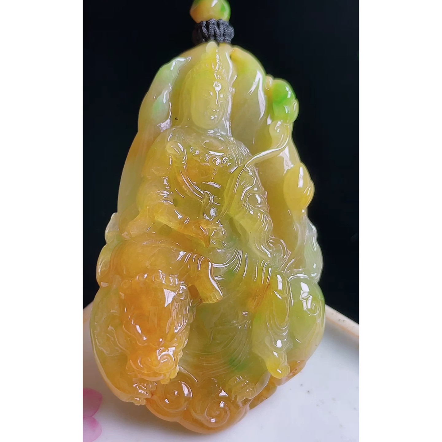 缅甸天然A货玉石翡翠 老坑冰种手工精雕黄翡观音吊坠