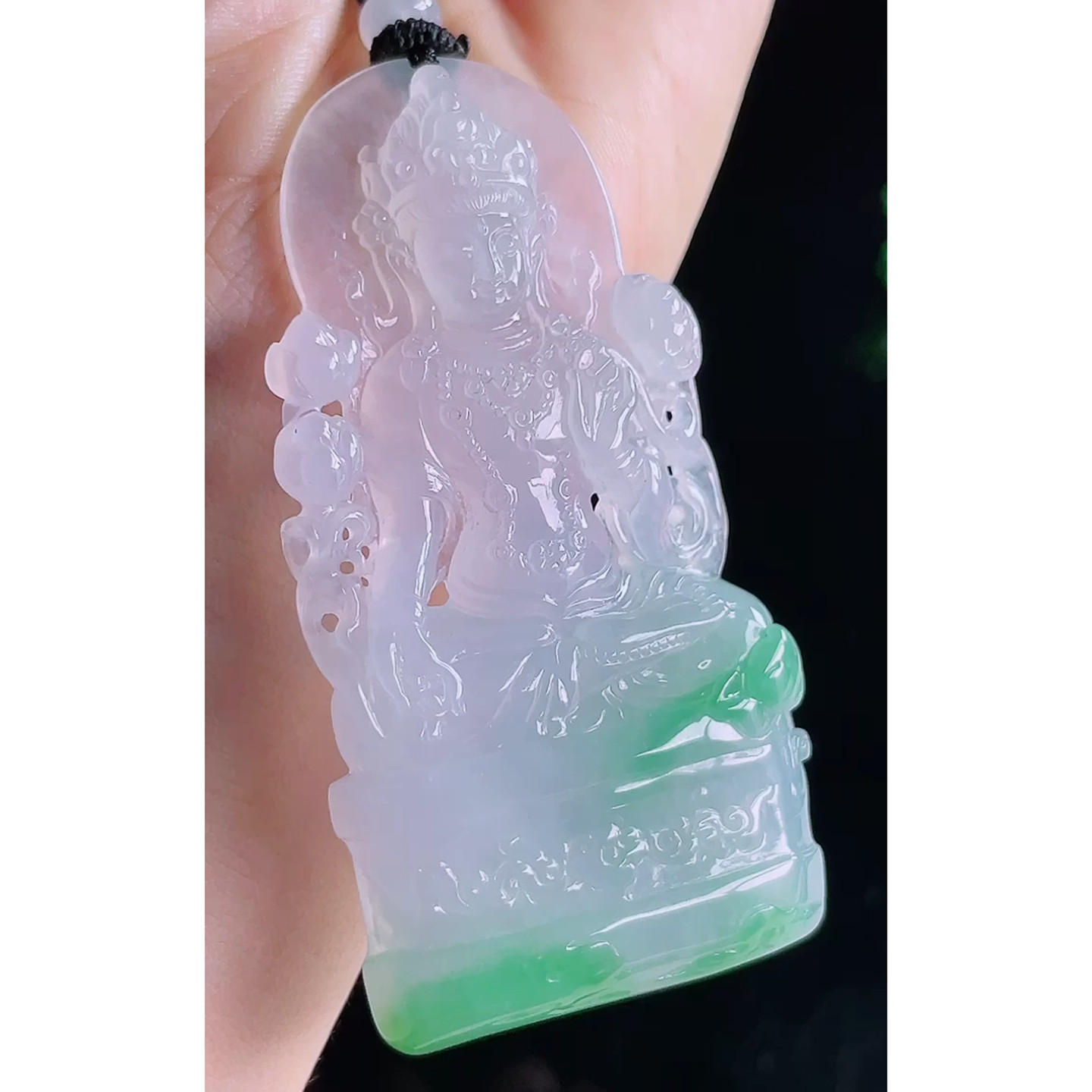 缅甸天然A货玉石翡翠 老坑冰种手工精雕飘绿渡母吊坠