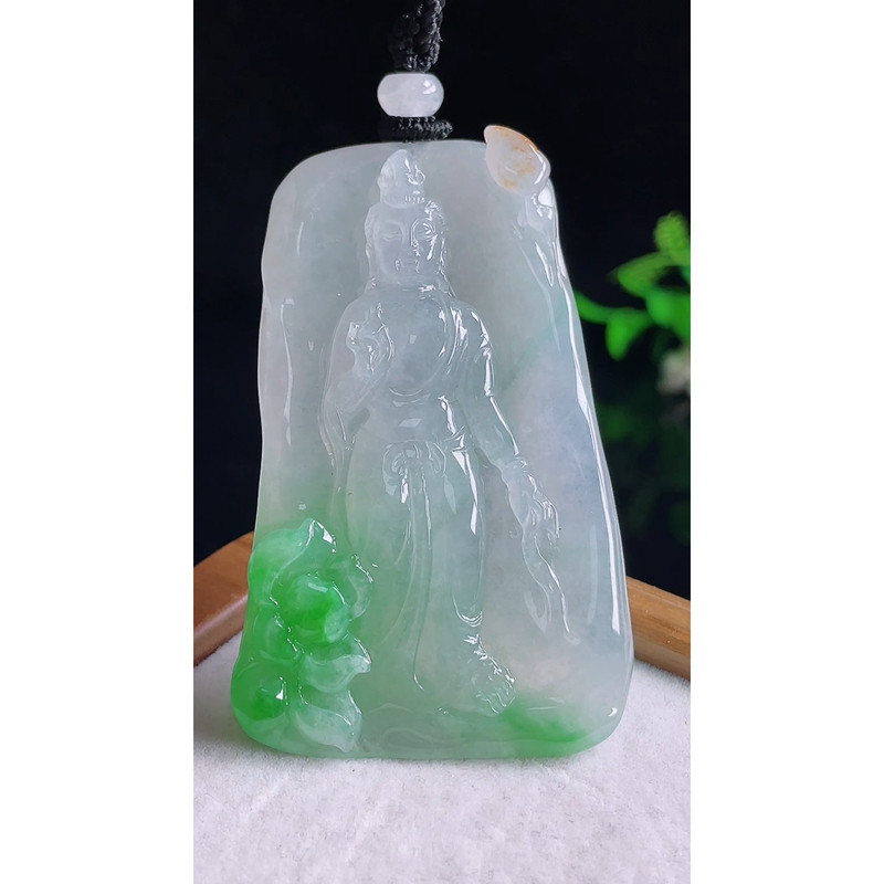 缅甸天然A货玉石翡翠 老坑冰种 手工精雕 阳绿观音吊坠