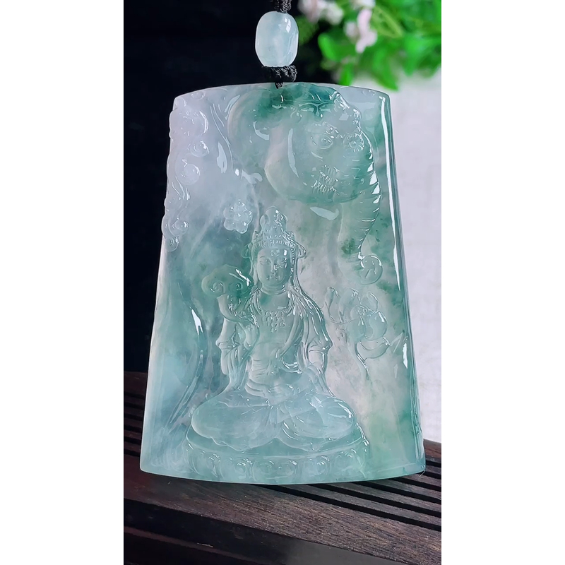 缅甸天然A货玉石翡翠 老坑精雕冰种 手工雕刻 飘花普贤菩萨吊坠