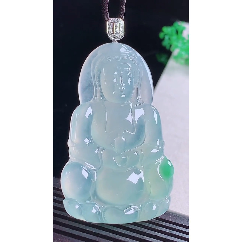 缅甸天然A货玉石翡翠 老坑冰种手工精雕18k金冰飘绿观音吊坠