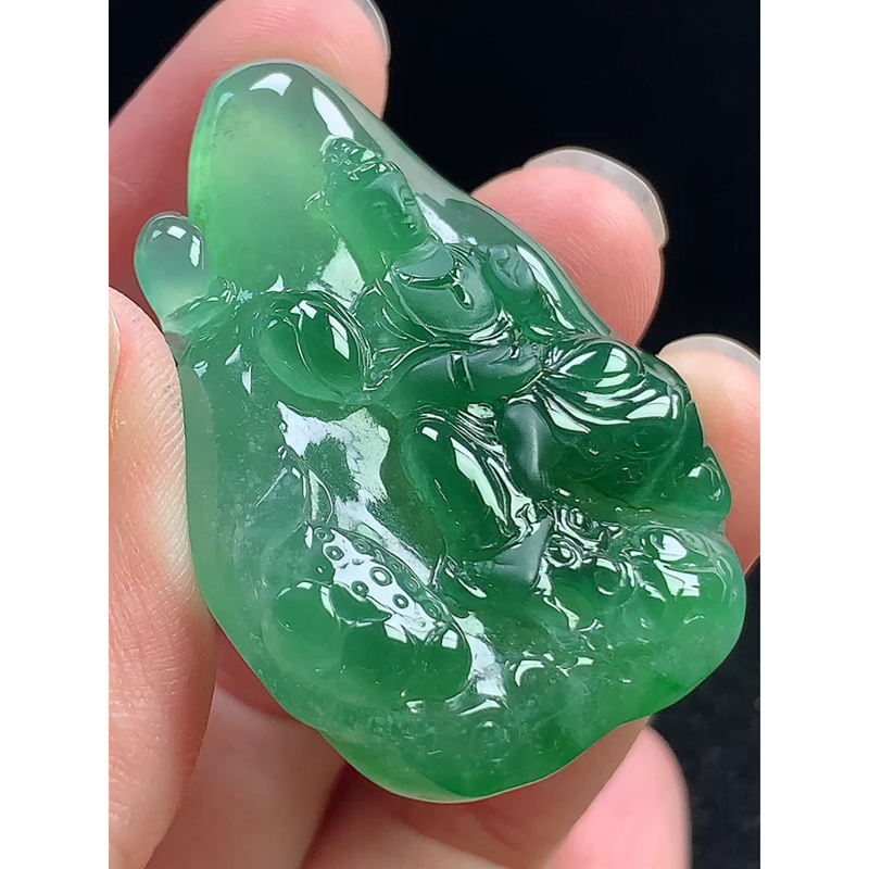 缅甸天然A货玉石翡翠 精雕老坑冰种冰绿自在观音吊坠
