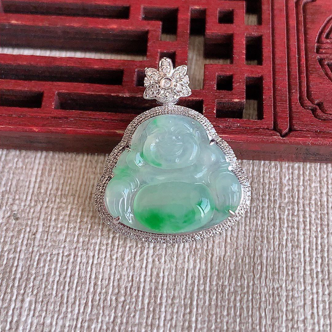缅甸天然A货玉石翡翠 老坑冰种 手工精雕18K金伴钻飘阳绿佛公吊坠