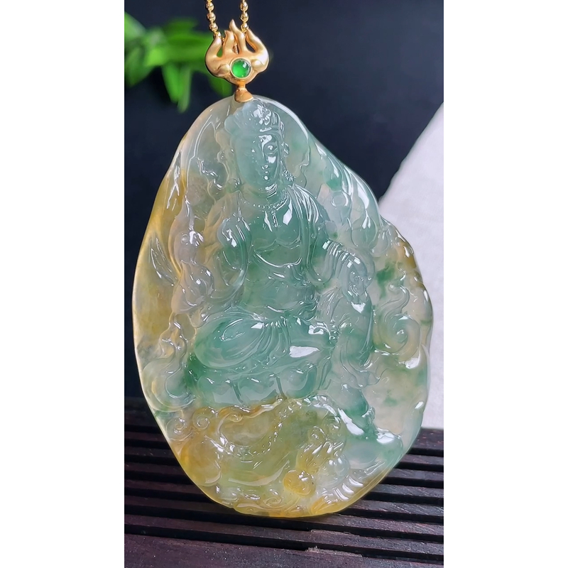 缅甸天然A货玉石翡翠 老坑冰种 手工精雕 黄加绿玉龙观音吊坠