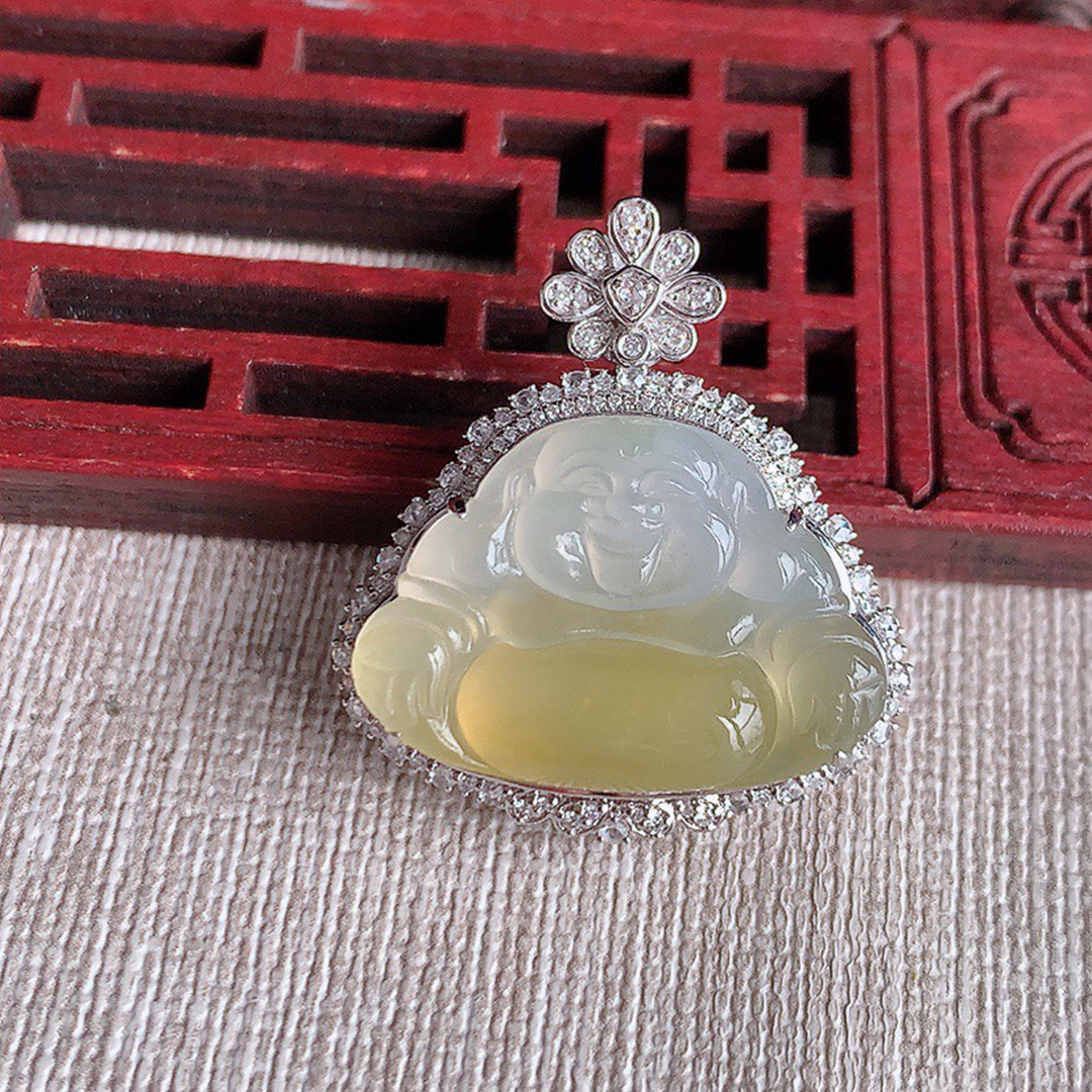 缅甸天然A货玉石翡翠 老坑冰种 手工精雕 18K金镶黄翡佛公吊坠
